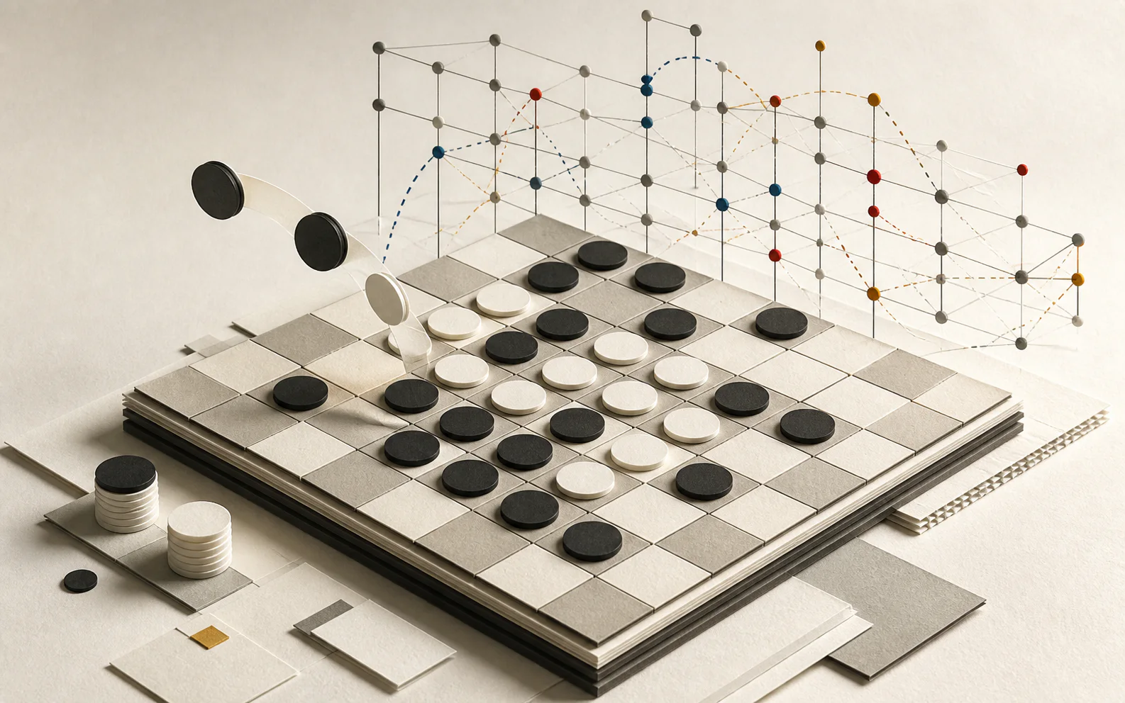 A layered Othello board with flipping discs and a lattice revealing the model’s internal board representation